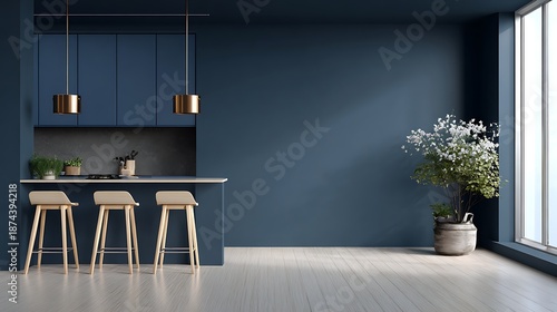 Mockup dark blue wall in kitchen and minimalist interior design3d rendering