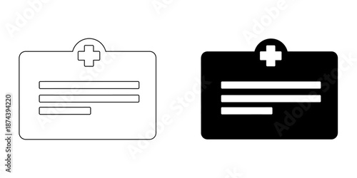 Medical ID card icon set with health cross symbol in line art and solid silhouette styles, isolated vector illustration of patient prescription or insurance card.