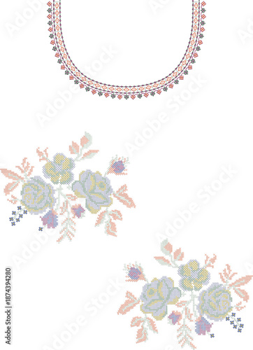 New art work Neck line shirt motif bunch lace border Embroidery Design Pattern Patch floral ornament textile ethnic flowers and leafs plants colur full design seleves and patti Embroidery design