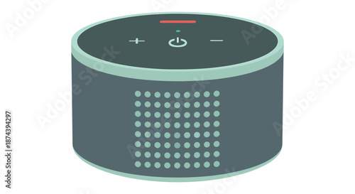 Modern cylindrical wireless speaker with controls and mesh front on white background