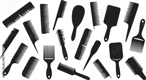 Assortment of Black Silhouettes of Various Hair Combs and Brushes styling hairdressing