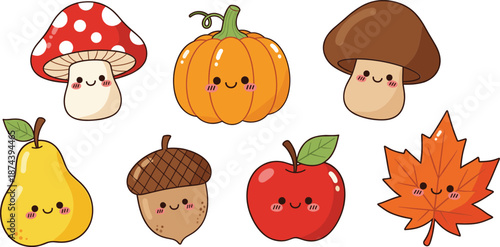 Cute autumn cartoon elements set with pumpkin mushrooms apple pear acorn and fall leaf vector