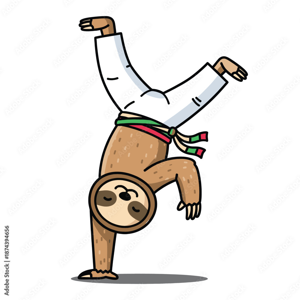Fototapeta premium Cute sloth doing capoeira handstand in white uniform – funny martial arts animal cartoon vector illustration EPS