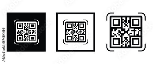 Three bold black square frames, each containing a classic black and white QR code pattern. Clean, minimalist vector design arranged horizontally on transparent background. Ideal for tech branding.