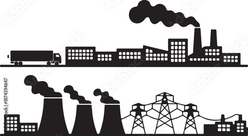 Silhouettes of industrial factories, power lines, and a truck factory industry