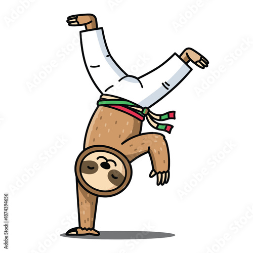 Cute sloth doing capoeira handstand in white uniform – funny martial arts animal cartoon vector illustration EPS


