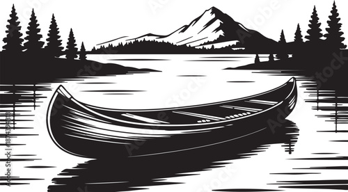 Silhouette of a canoe on a lake with mountains and pine trees in the background boat