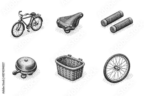 Dot art bicycle components: retro stipple style parts and accessories collection