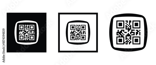 Three bold black square frames, each containing a classic black and white QR code pattern. Clean, minimalist vector design arranged horizontally on transparent background. Ideal for tech branding.