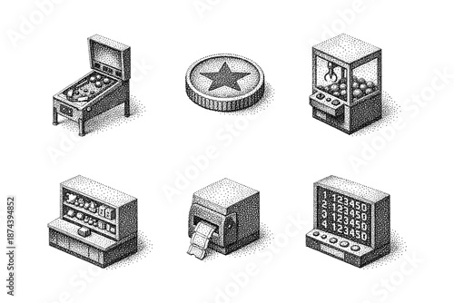 Retro gaming isometric designs: arcade machines and gaming icons