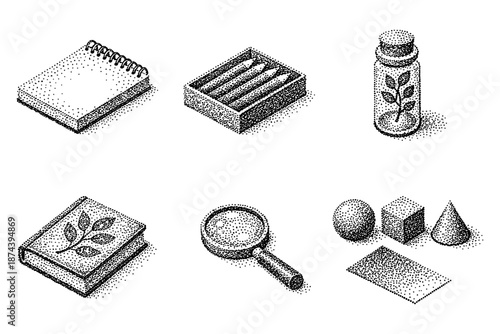 Charming halftone stipple icons for modern design: nature and geometry elements