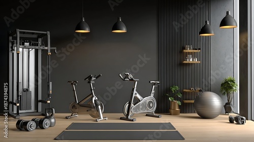 Interior of a comfortable sports club or fitness gym with exercise equipment