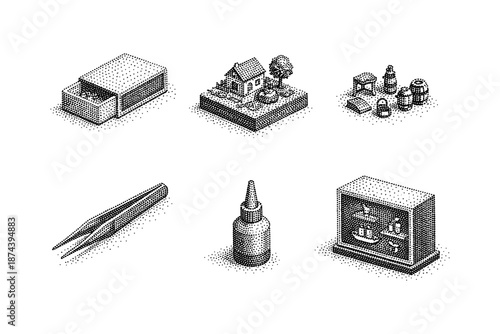 Vintage halftone crafting icons: glue, tweezers, miniature house, tools, supplies