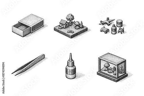 Monochrome isometric artifacts: miniature models, tools, and packaging in stipple design