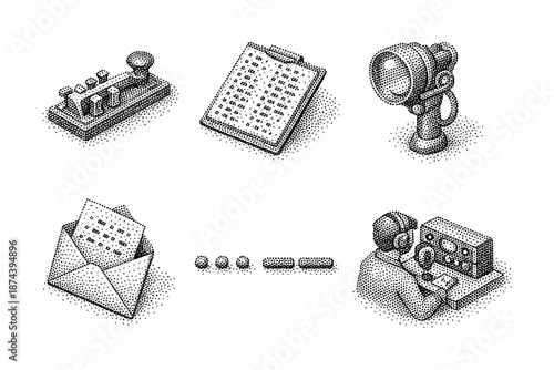 Vintage communication devices set in halftone style featuring morse code and telegraph elements