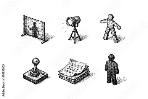 Retro isometric halftone icons featuring silhouette figures and technology elements