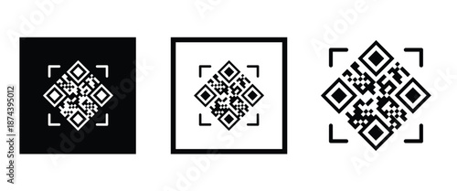 Three bold black square frames, each containing a classic black and white QR code pattern. Clean, minimalist vector design arranged horizontally on transparent background. Ideal for tech branding.