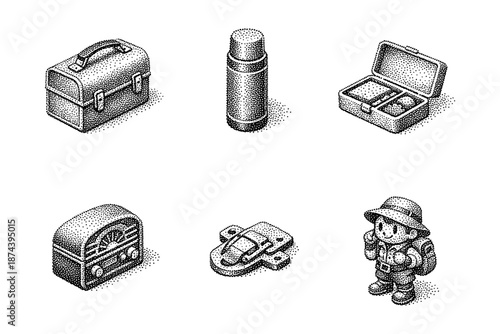 Vintage camping gear: dot style icons of classic adventure essentials