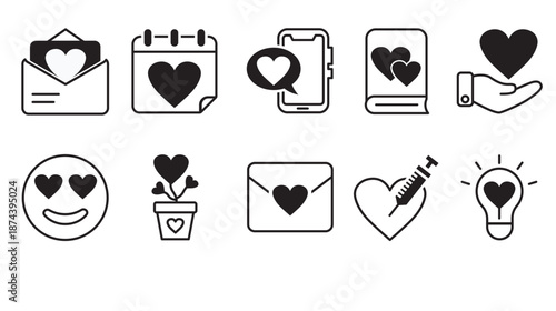 Collection of love and romance themed icons in a simple black and white style