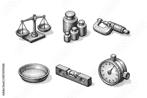 Vintage halftone measuring tools set: balance, weights, micrometer, stopwatch, level