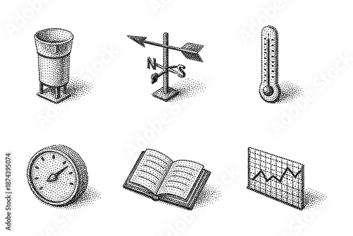 Vintage weather icons collection: retro dot style instruments for forecasting and analysis