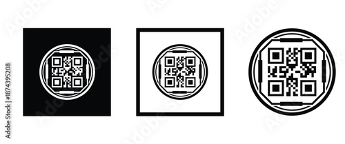 Three bold black square frames, each containing a classic black and white QR code pattern. Clean, minimalist vector design arranged horizontally on transparent background. Ideal for tech branding.