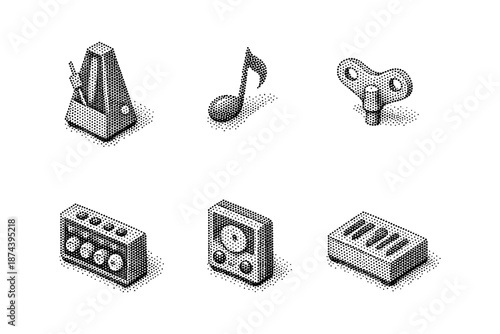 Isometric music icons collection featuring metronome, note, and retro devices
