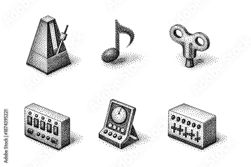 Halftone isometric music icons: metronome, note, key, speaker, clock, mixer