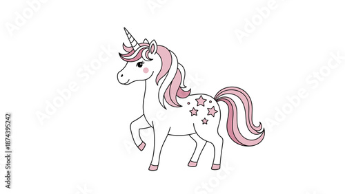 Majestic white unicorn with a long pink mane and tail featuring decorative stars walks gracefully across a plain white surface in a profile view.
