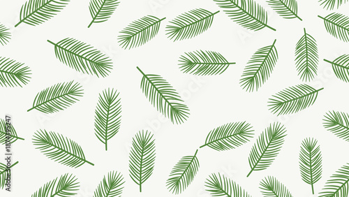 Seamless pattern featuring various green palm leaves and tropical foliage scattered randomly across a clean white background for a natural feel.