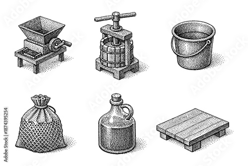 Vintage rural tools in stippling art: distinctive farming equipment collection