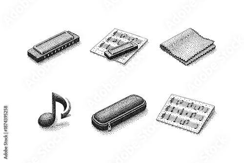 Vintage music elements in retro stippled style with harmonica and sheet music