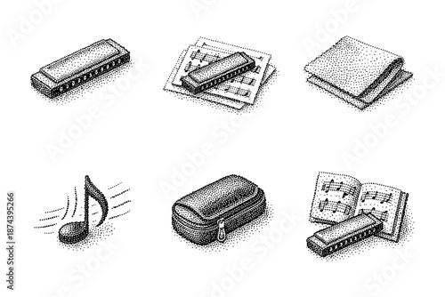 Vintage stipple harmonica illustrations with music notes and accessories