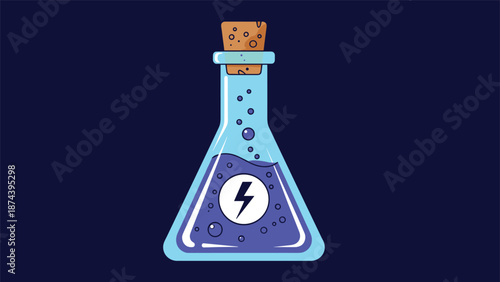 Glowing erlenmeyer flask filled with bubbling blue liquid and a lightning bolt symbol sits against a dark navy blue background in a lab setting.
