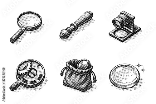 Vintage engraving style detective tools set with magnifiers and props