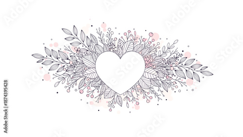 Delicate heart-shaped empty frame surrounded by a lush arrangement of sketched leaves, branches, and soft pink berries in a romantic floral style.