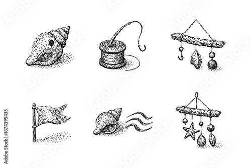 Vintage seashell fishing and nautical themed dotwork tattoo designs
