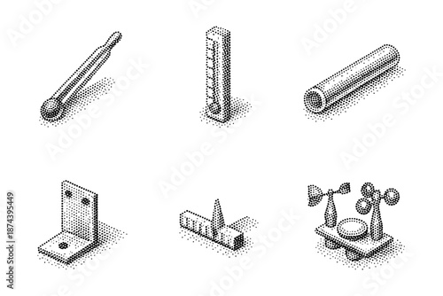 Halftone isometric scientific instruments set in black and white