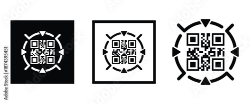 Three bold black square frames, each containing a classic black and white QR code pattern. Clean, minimalist vector design arranged horizontally on transparent background. Ideal for tech branding.