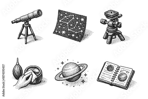 Retro space exploration set: dot style icons of astronomy tools and celestial objects
