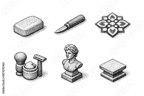 Isometric stipple art: soap, knife, floral pattern, shaving set, sculpture, and pedestal