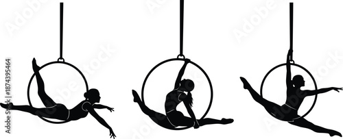 Aerial, hoop, acrobat, silhouette, performance, circus, gymnastics, dancer, ring, pose, strength, flexibility, balance, fitness, sport, art, motion, black, white, concept
