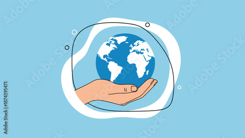 Human hand carefully cradling the blue and white planet Earth within a protective abstract bubble on a light blue background for world peace.