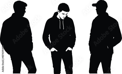 Group of young men silhouette standing together representing friendship street culture urban lifestyle anonymity and social identity concept isolated on white background