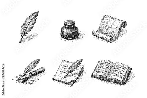 Vintage engraving of writing tools with feather, inkwell, scroll, and books in dotwork style