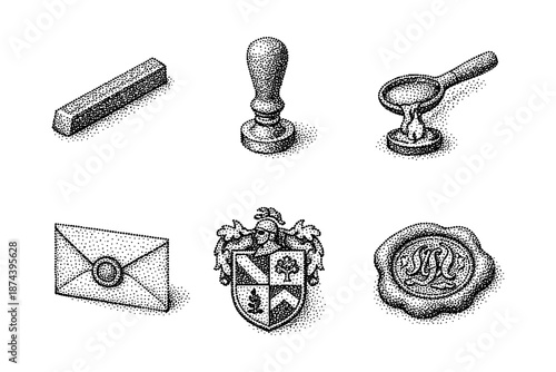 Vintage style set of wax seal tools and heraldry elements in black and white