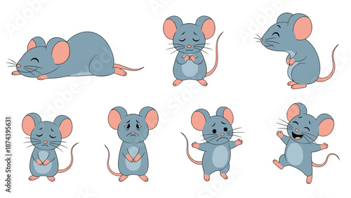 Set of eight cartoon mouse illustrations showing different emotions like joy, sadness, surprise, and peaceful sleep in a cute character design.