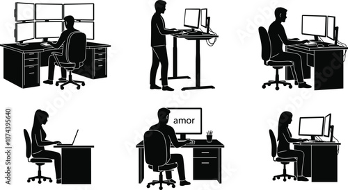 Office worker silhouette set featuring men and women using desktop computers, multiple monitors and standing desks in modern workplace scenes