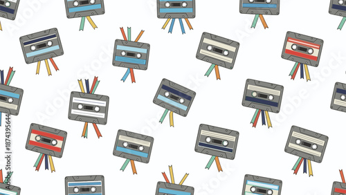 Retro pattern of various audio cassette tapes with colorful magnetic ribbons spilling out against a clean white background in a nostalgic style.