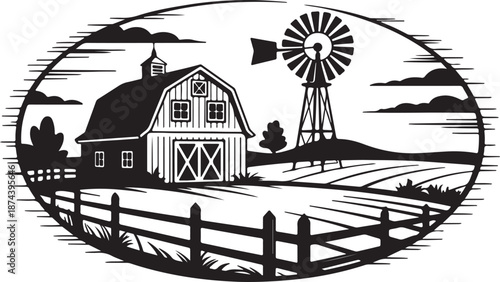 Oval silhouette of a farm scene with barn, windmill, and fence rural
